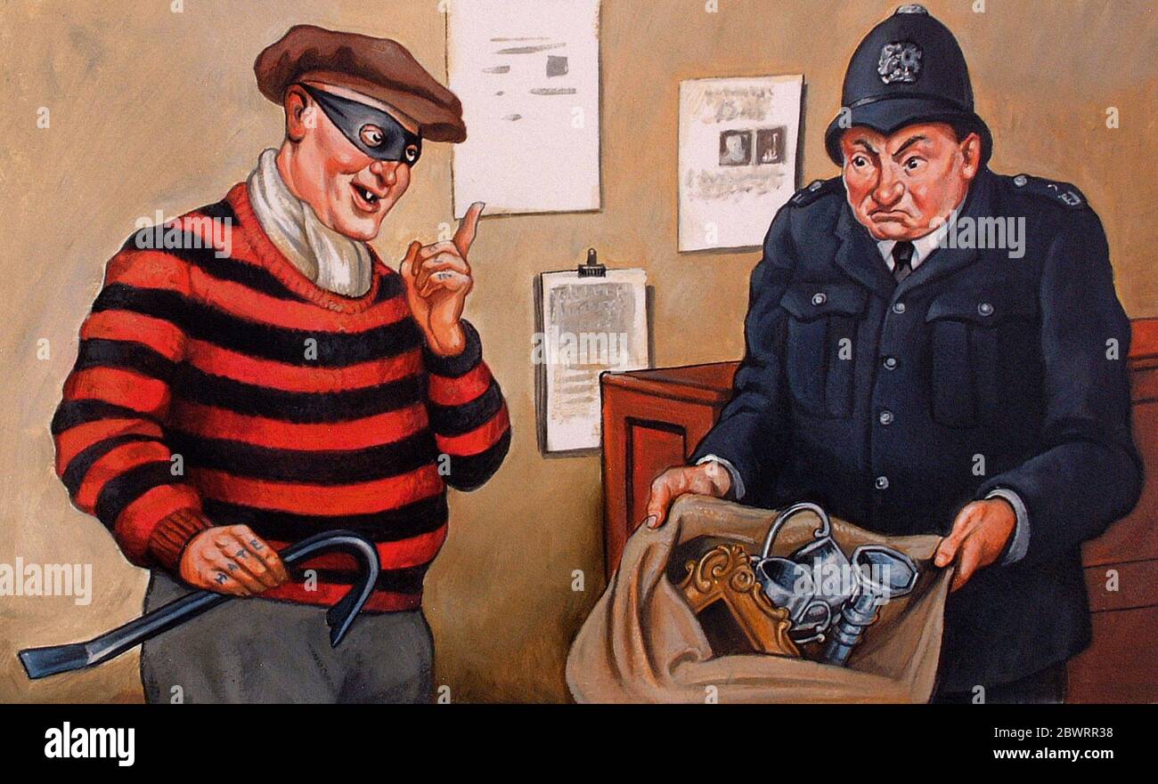 Policier tenant un sac avec des objets volés et voleur avec un pied de biche, illustration par Bob Venactive Banque D'Images