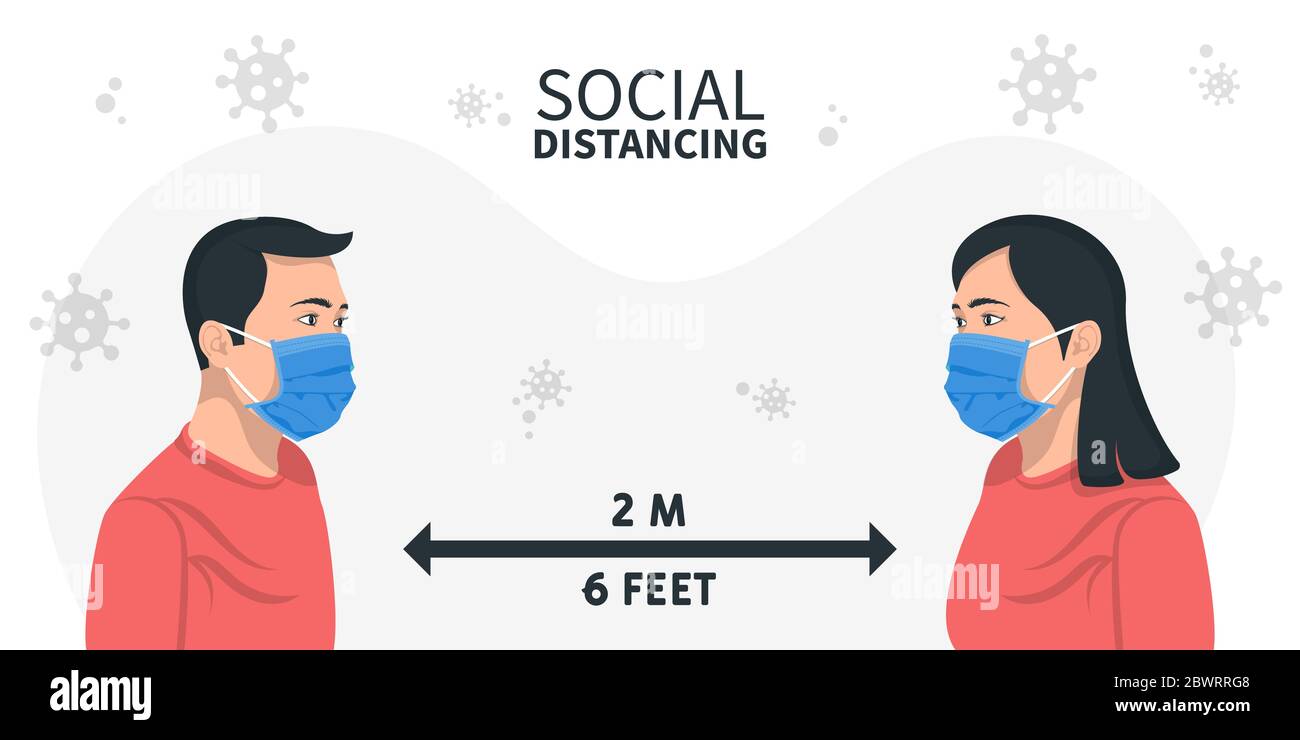 Homme et femme personnage portant un masque chirurgical maintenir la distance sociale pour prévenir la propagation du virus, coronavirus. Illustration de Vecteur