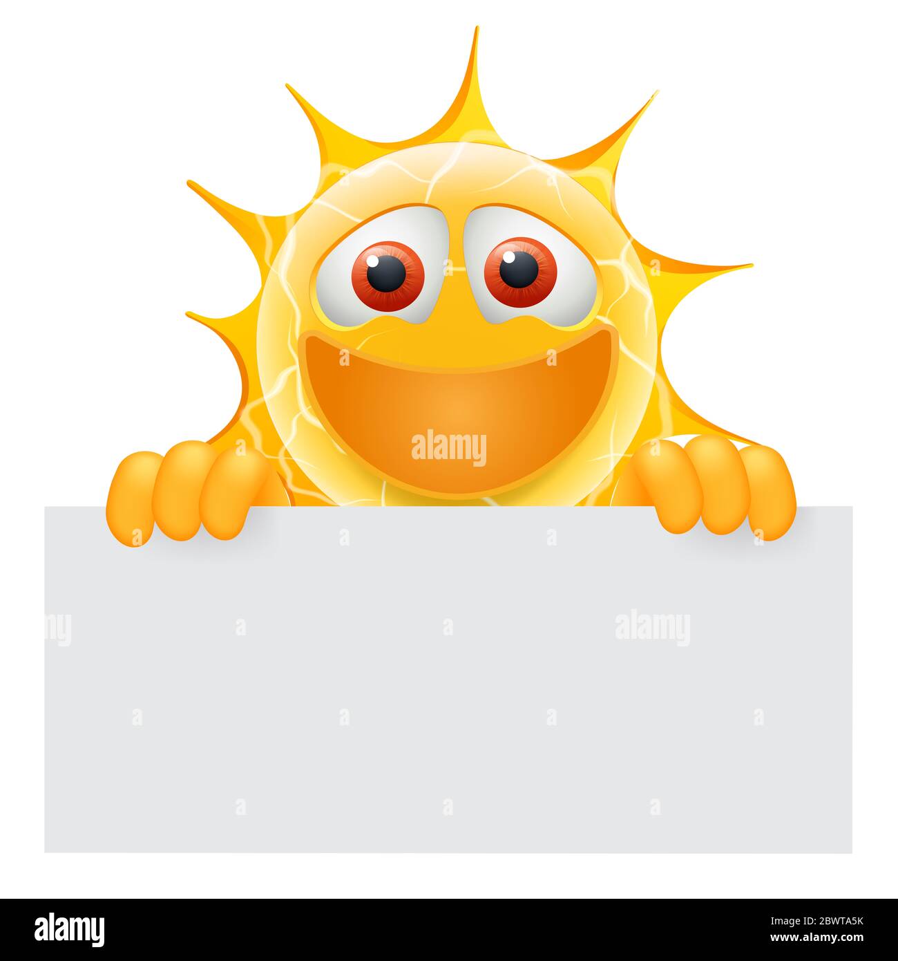 Bonne Emoticon soleil d'été. Happy Sun Emoji avec modèle de bannière. Ajoutez votre message à l'espace vide de la bannière. Illustration de l'été. Banque D'Images