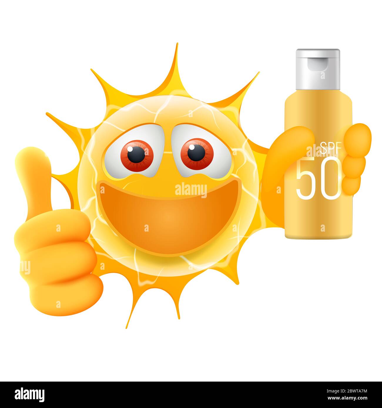 Bonne Emoticon soleil d'été. Happy Sun Emoji avec pouce et bouteille de  lotion solaire dans la main. Illustration de l'été. Isolé sur fond blanc  Photo Stock - Alamy