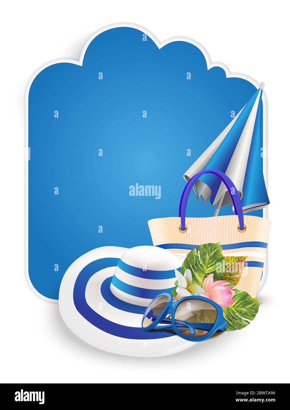 Modèle de conception de vente d'été avec bannière en forme de nuage, chapeau de femme, lunettes de soleil, sac à main, parapluie et feuilles tropicales et fleurs exotiques. Banque D'Images