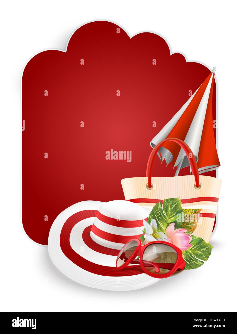 Modèle de conception de vente d'été avec bannière en forme de nuage, chapeau de femme, lunettes de soleil, sac à main, parapluie et feuilles tropicales et fleurs exotiques Banque D'Images