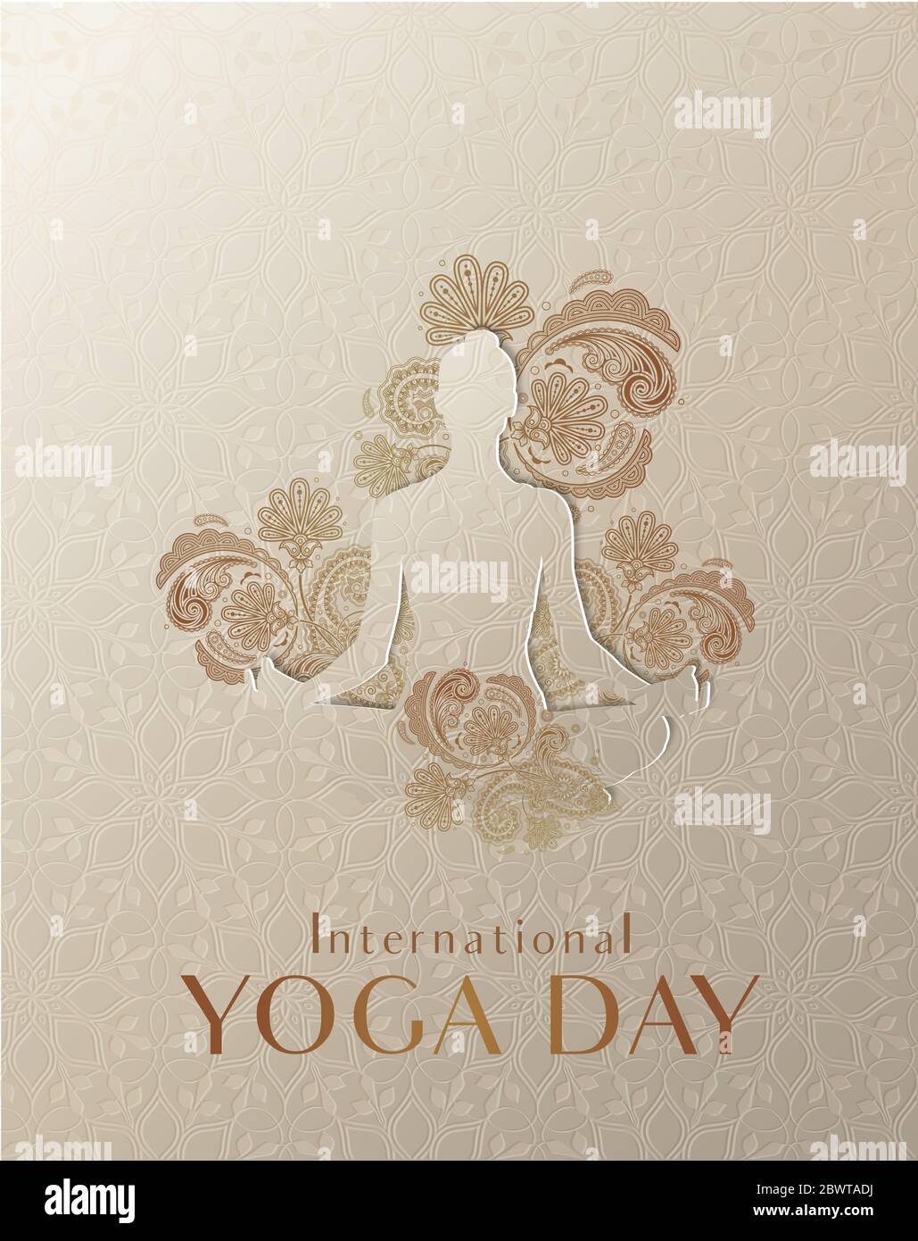 Journée internationale de yoga. Silhouette de yoga dans la pose de Lotus entouré par une décoration florale indienne sur fond beige texturé. Banque D'Images