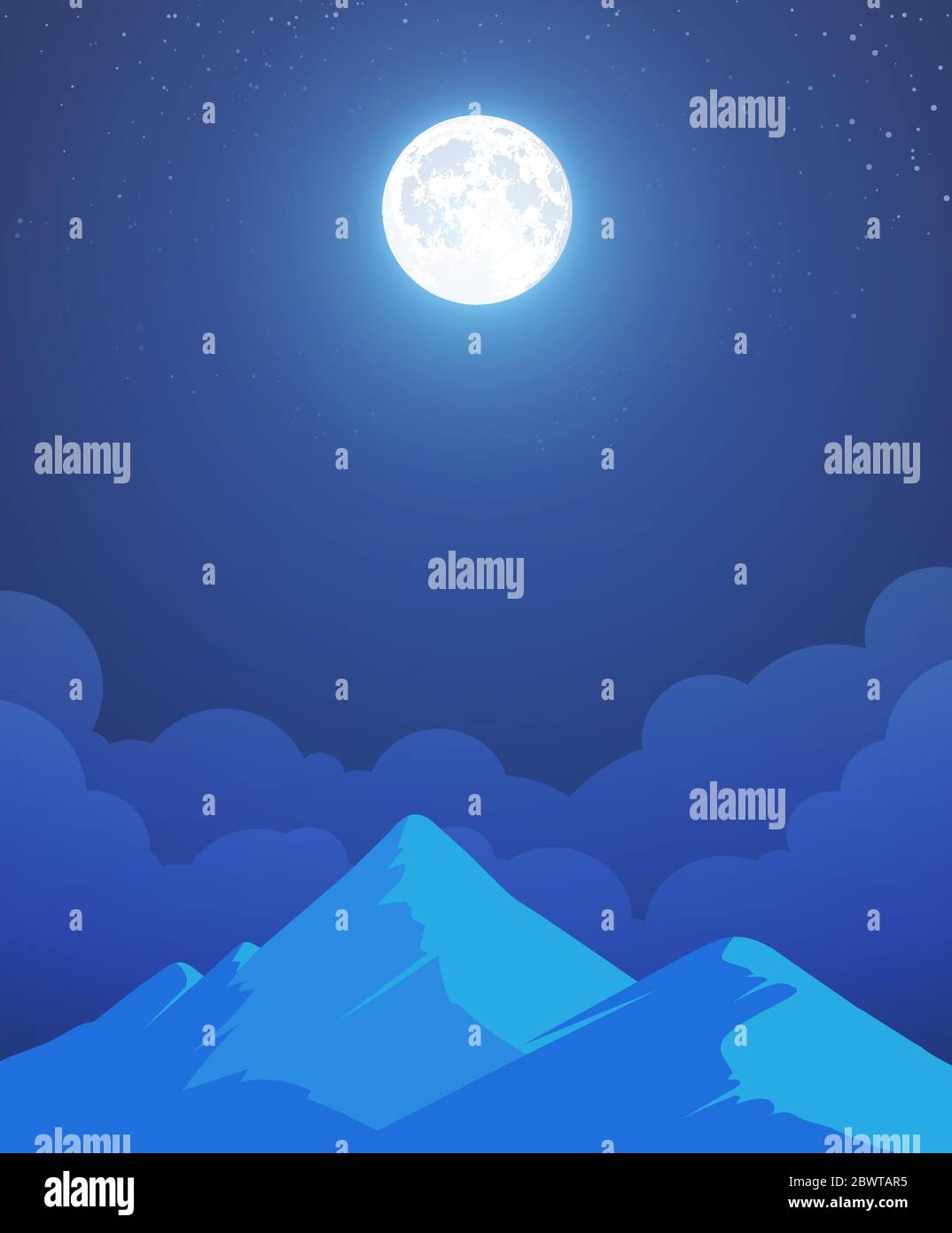 Paysage de montagne nocturne avec toute la lune et magnifique ciel bleu. Illustration de la nature vectorielle avec espace de copie. Illustration de Vecteur