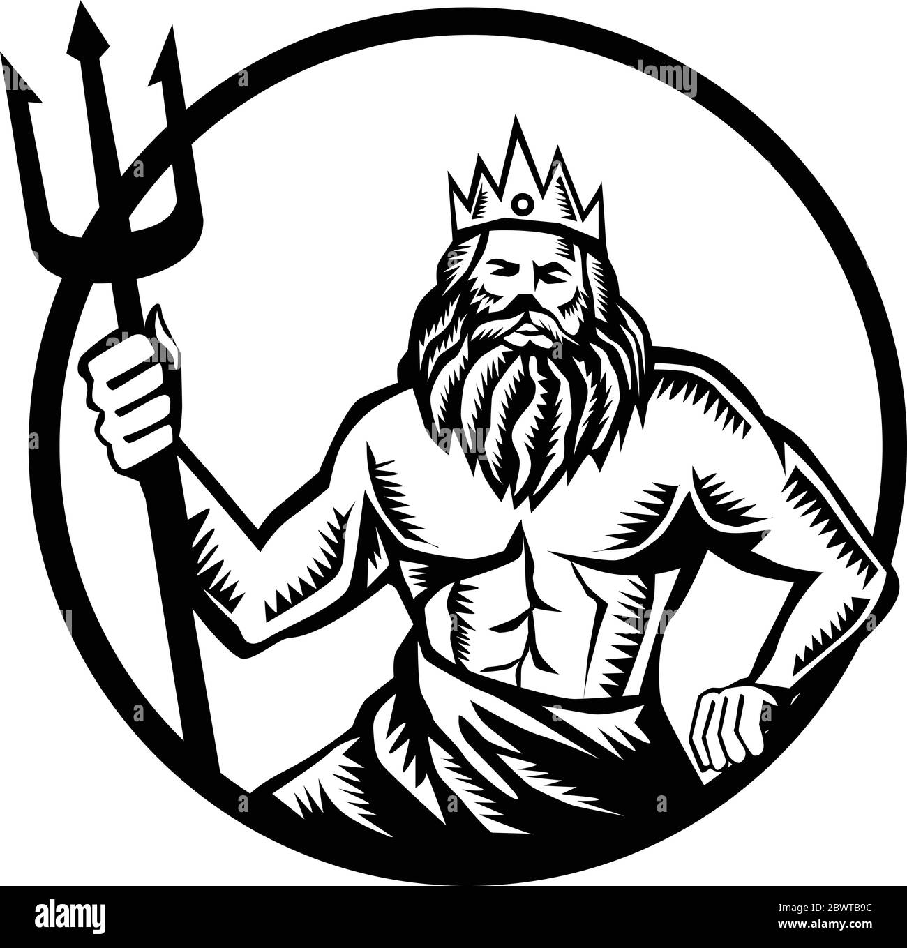 Illustration de neptune ou poséidon dieu de la mer tenant trident vu de l'avant ensemble à l'intérieur du cercle sur fond isolé fait en noir rétro et Illustration de Vecteur Illustration de neptune ou poséidon dieu de la mer tenant trident vu de l'avant ensemble à l'intérieur du cercle sur fond isolé fait en noir rétro et Illustration de Vecteur