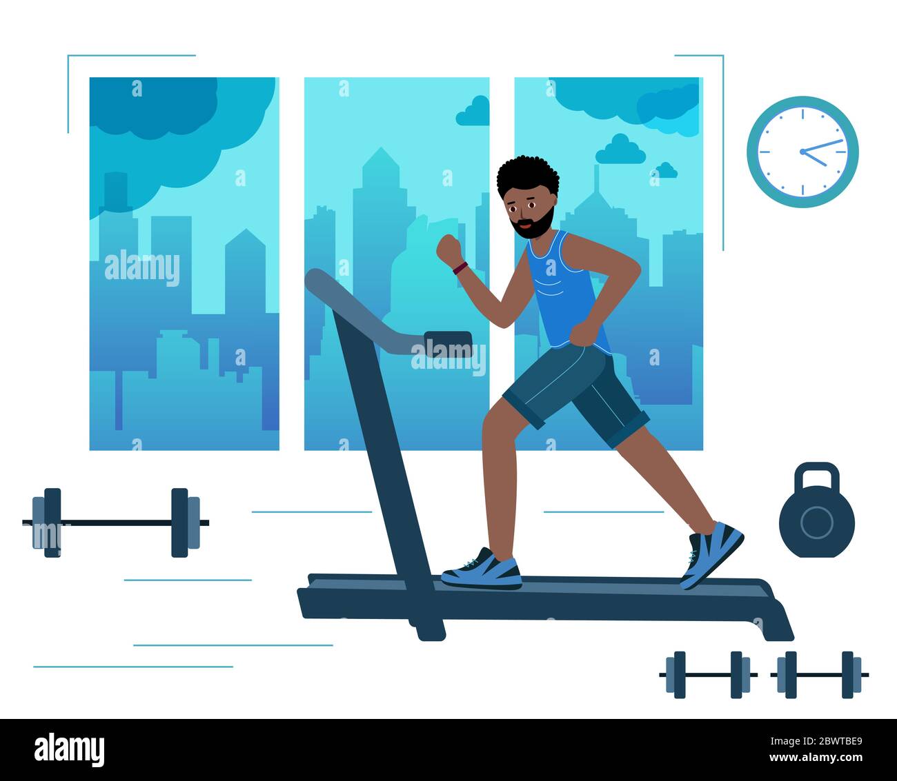 Black Man courir sur un tapis roulant motorisé en salle de gym avec le fond de la ville dans la fenêtre. personnage de dessin animé africain. Centre de fitness, outil de gym. Vecteur illu Illustration de Vecteur