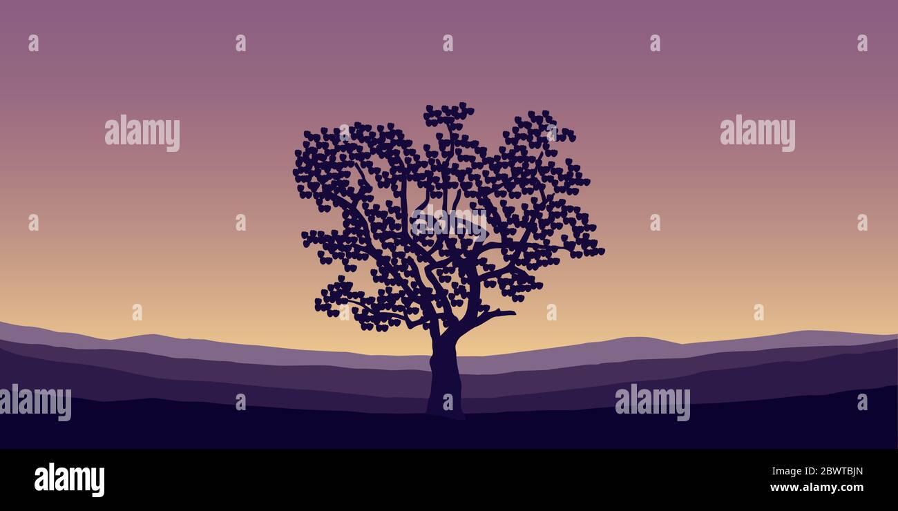 Grand arbre solitaire sur paysage de montagne en violet couleurs vecteur illustration EPS10 Illustration de Vecteur