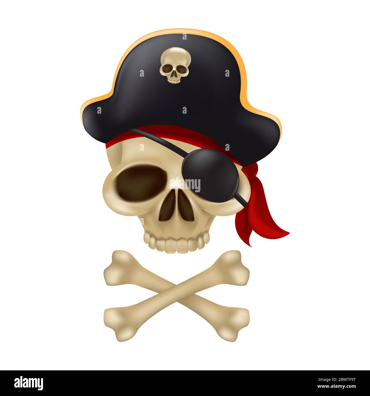 Crâne pirate avec crossos dans le chapeau du capitaine. Panneau 3D ou  emblème buccaneer. Illustration vectorielle amusante de Jolly roger avec un  bandana rouge et noir Image Vectorielle Stock - Alamy