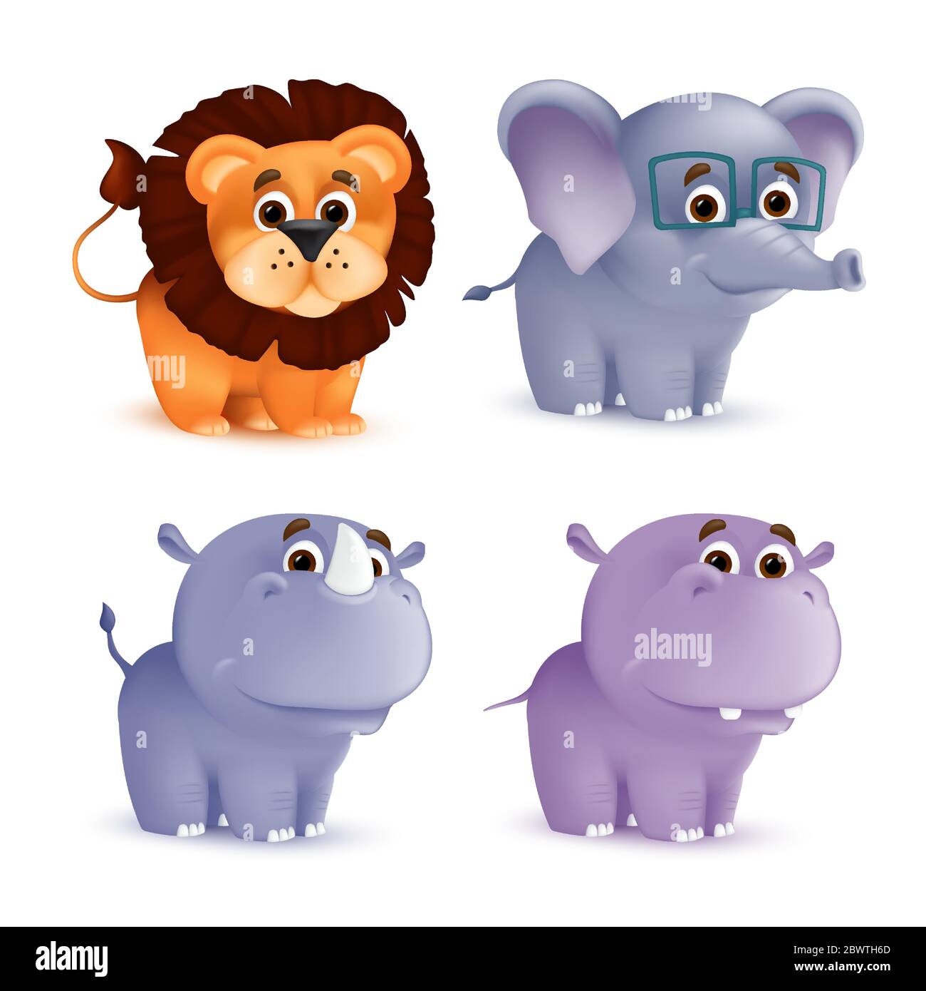 Ensemble de personnages de bébé mignons, debout et souriants - rhinocéros, lion, éléphant, hippopotame. Illustration vectorielle d'une mascotte africaine de la faune, nouveau-né Illustration de Vecteur