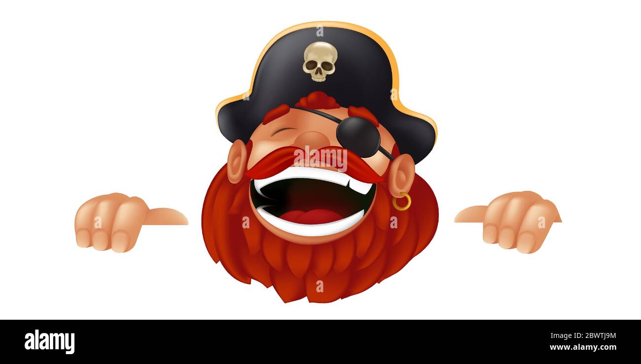 Drôle de personnage de pirate de dessin animé riant, collant, et tenant un signe ou une bannière vide. Illustration vectorielle avec mascot de capitaine de cachette et de peeking iso Illustration de Vecteur
