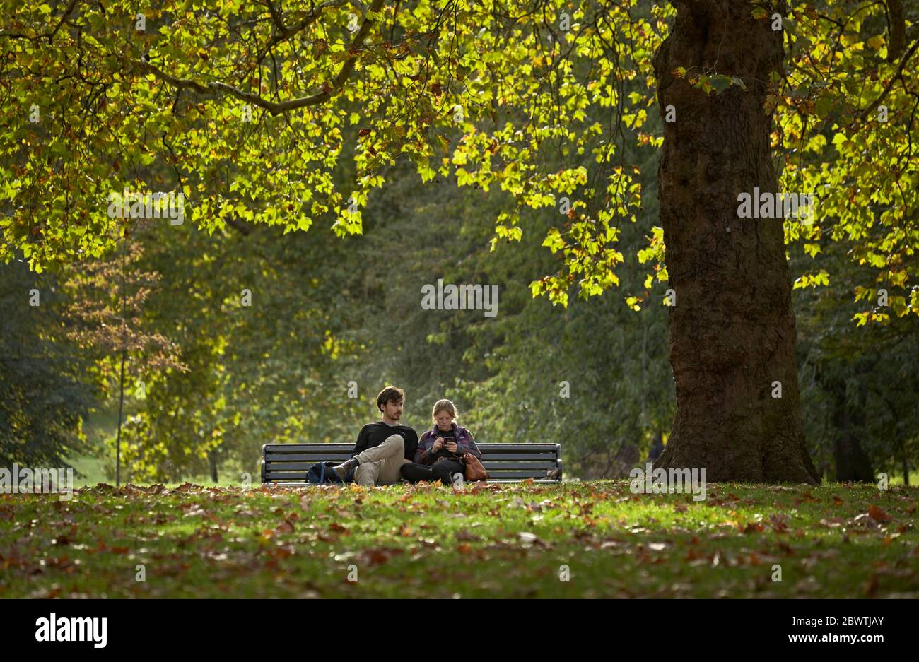 Homme et femme sur banc à St James Green Park, Londres Banque D'Images