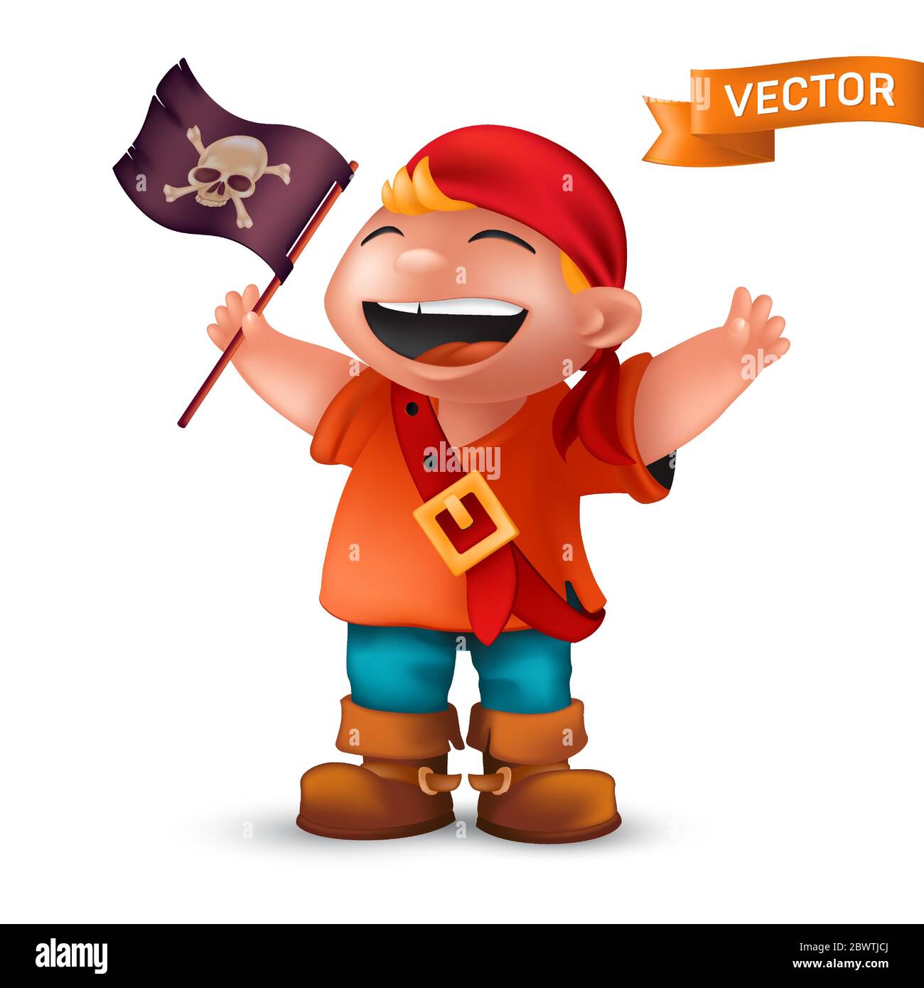 Joyeux garçon pirate avec Jolly Roger ou tête de mort croisée sur le drapeau noir agitant. Illustration vectorielle du personnage de gamin en train de rire vêtu d'un t-shirt orange Illustration de Vecteur