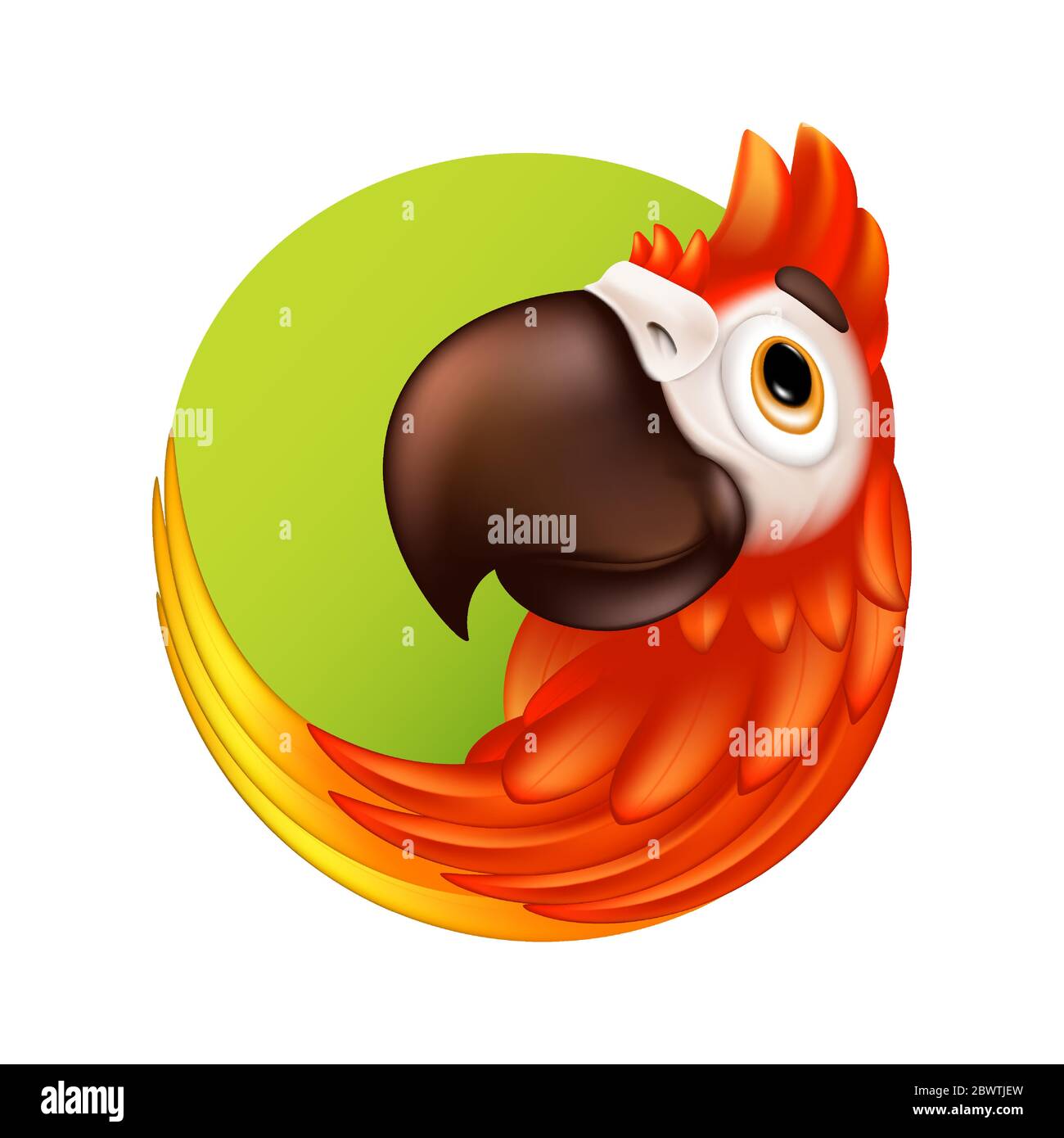 Logo ou étiquette représentant un oiseau tropical. Perroquet à l'ara avec un grand bec. Illustration vectorielle de personnage de mascotte macaw coloré et amusant isolé sur le bac blanc Illustration de Vecteur