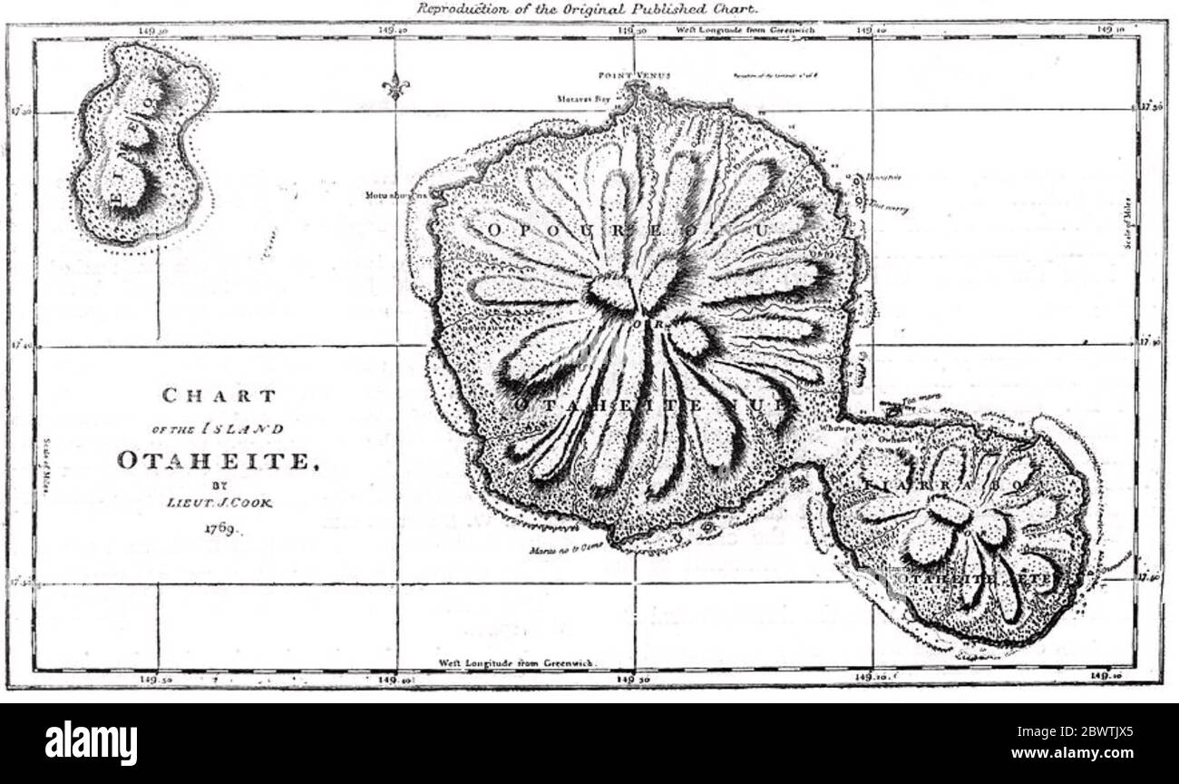 JAMES COOK (1728-1779) explorateur de la Marine royale. Sa carte de Tahiti en 1789. Banque D'Images