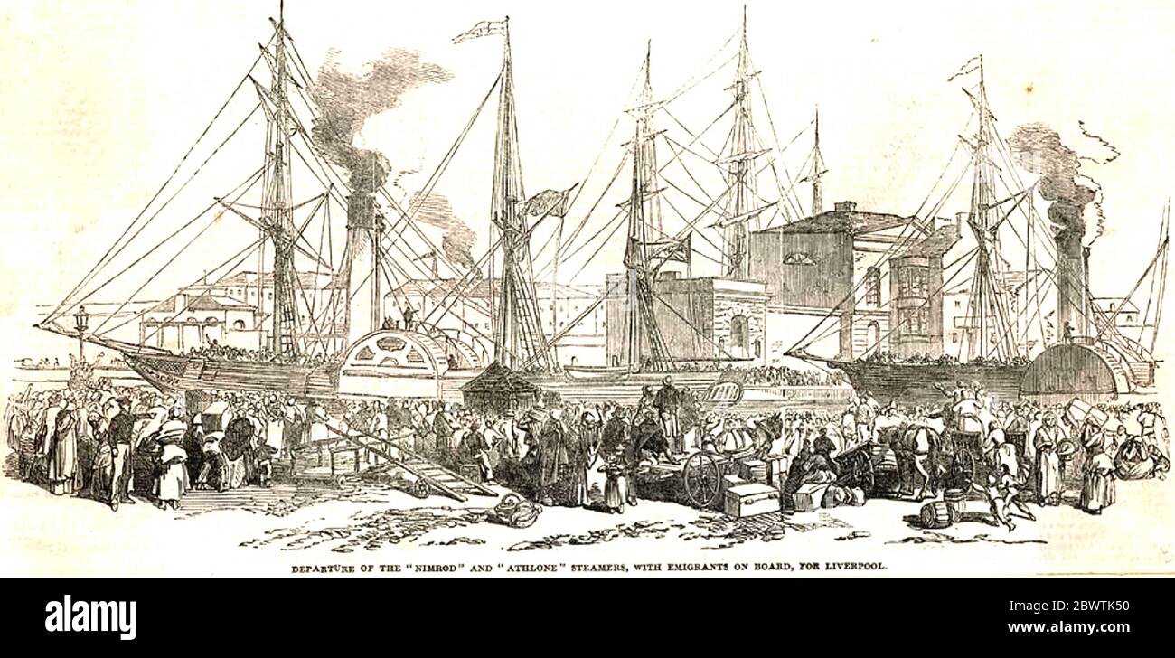 DES EMMIGRANTS IRLANDAIS À L'AMÉRIQUE embarquant les navires à vapeur Nimrod et Athlone à Cork vers 1850 sur leur chemin vers Liverpool pour la liaison transatlantique. Banque D'Images