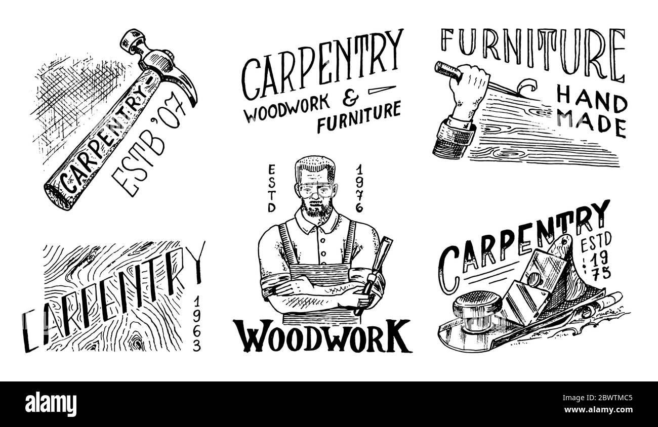 Jeu d'étiquettes en bois pour atelier ou panneaux d'affichage. Menuisier, menuisier et marteau. Logo vintage, badges pour typographie ou tee-shirts. Dessiné à la main Illustration de Vecteur