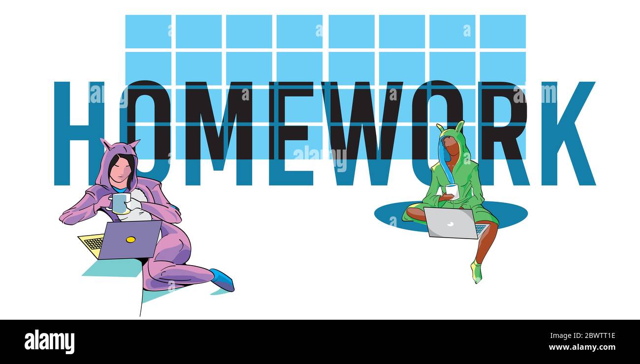 Illustration vectorielle de deux filles qui travaillent à la maison avec le mot « devoirs » derrière Illustration de Vecteur