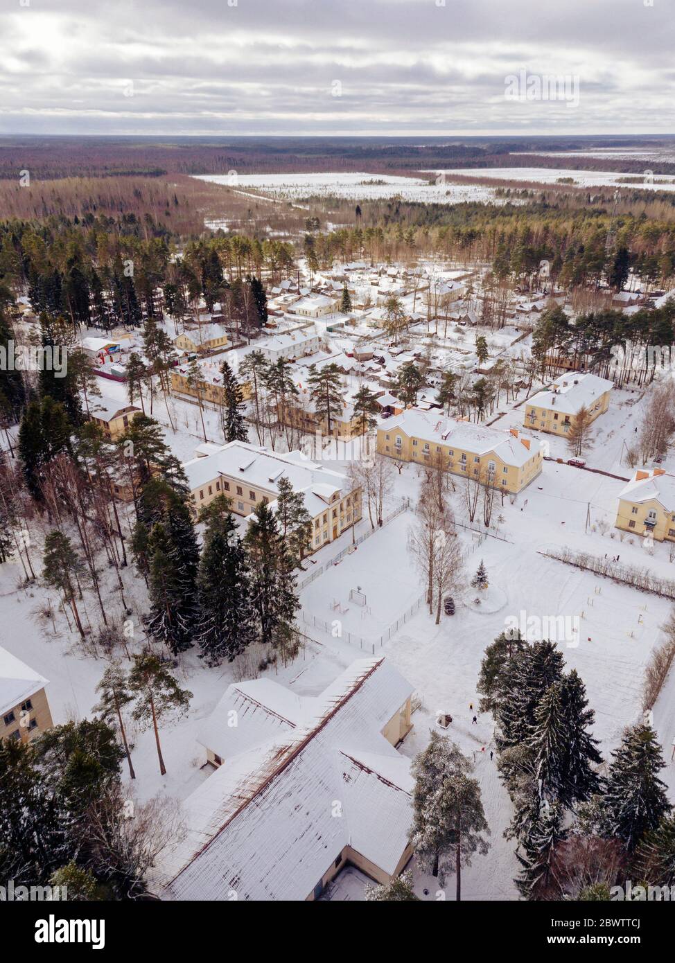 Russie, oblast de Leningrad, vue aérienne du village enneigé Banque D'Images