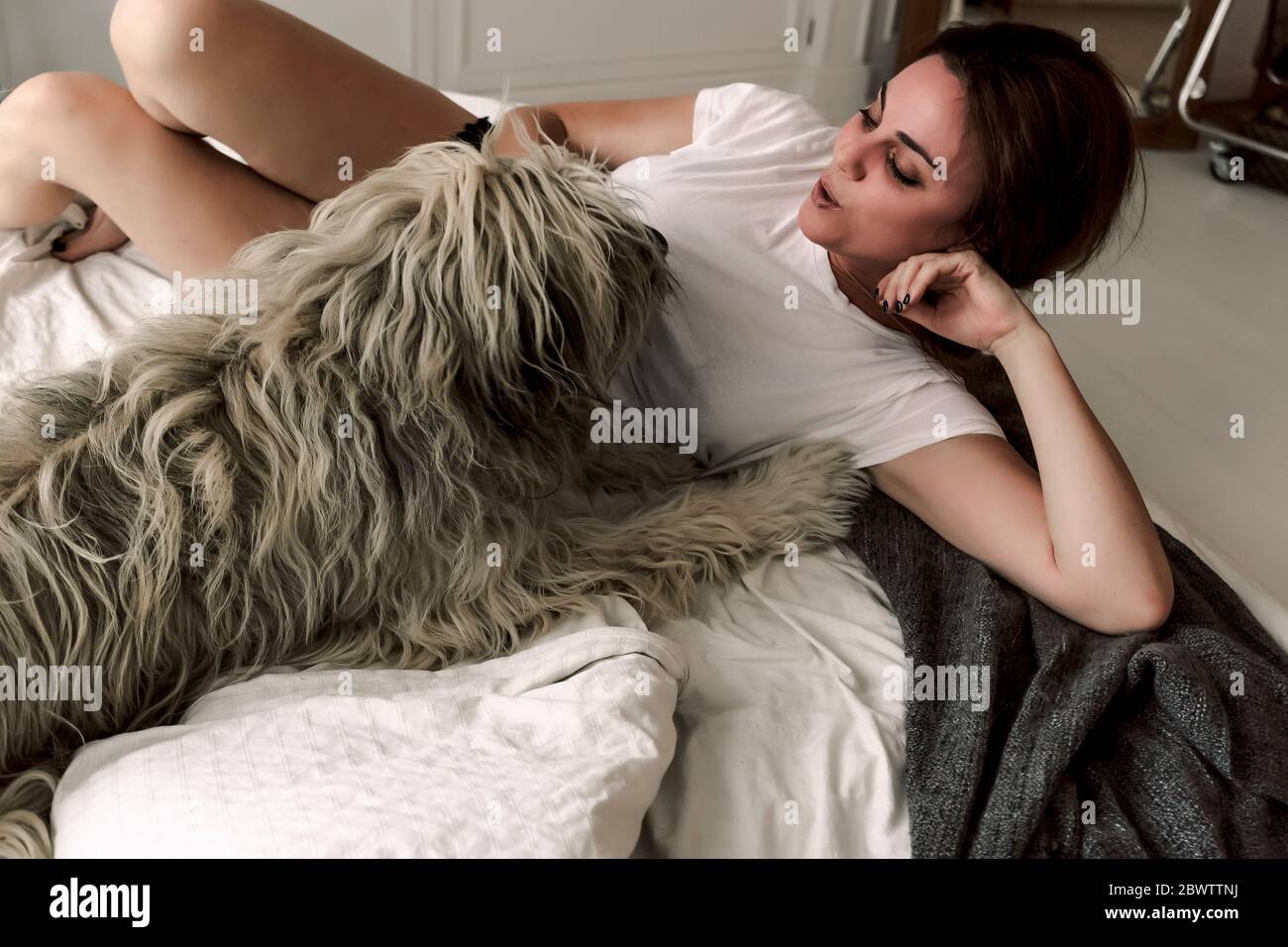 Femme mature couché sur le lit le matin jouant avec son chien Photo Stock -  Alamy