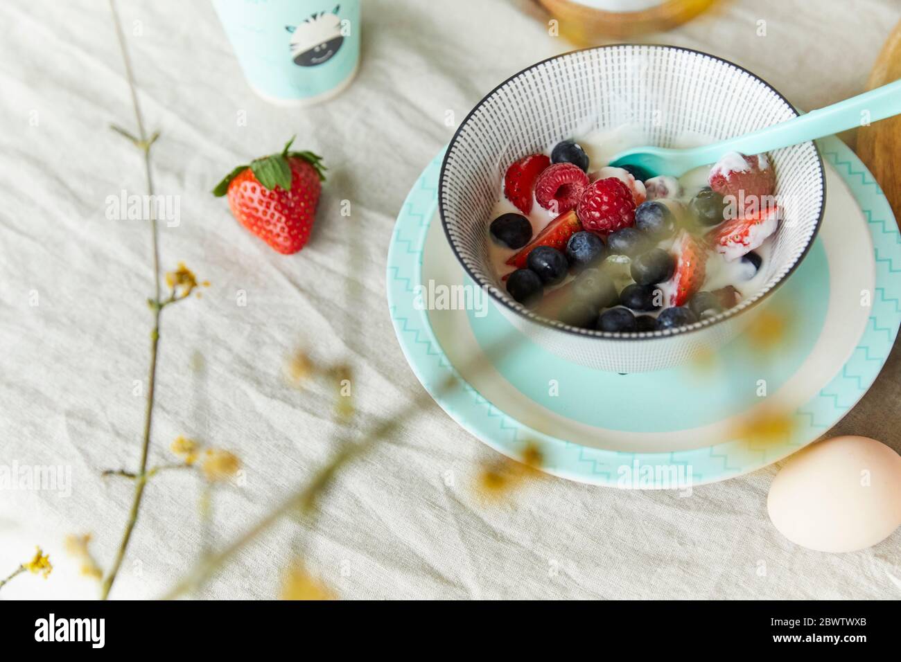Bol de muesli de fruits et d'oeuf sur la table du petit déjeuner Banque D'Images