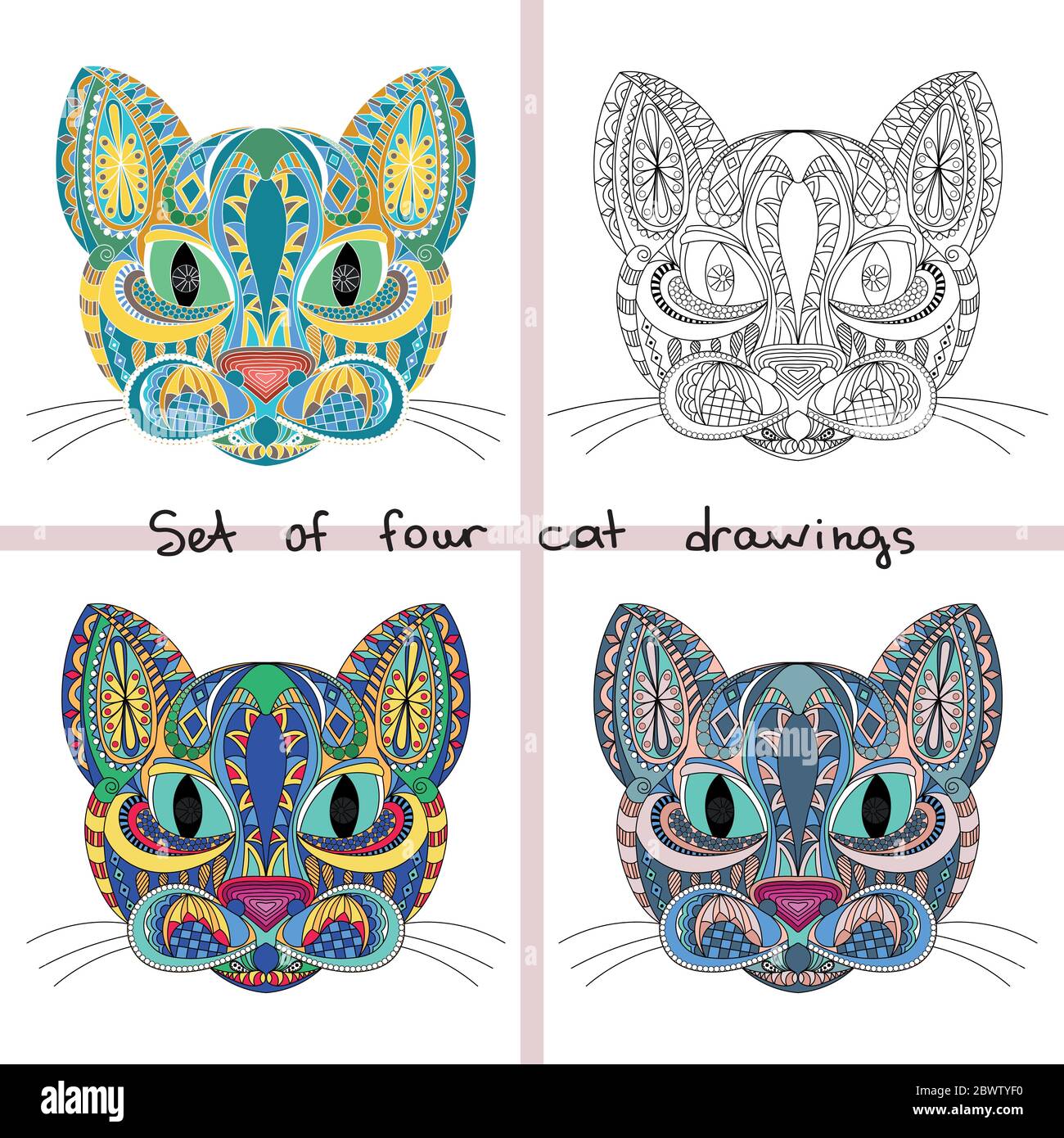 ensemble de quatre doodle face chat. couleur chat stylisé, ornement. page de livre de coloriage pour adulte. Illustration vectorielle. Illustrations dessinées à la main Illustration de Vecteur