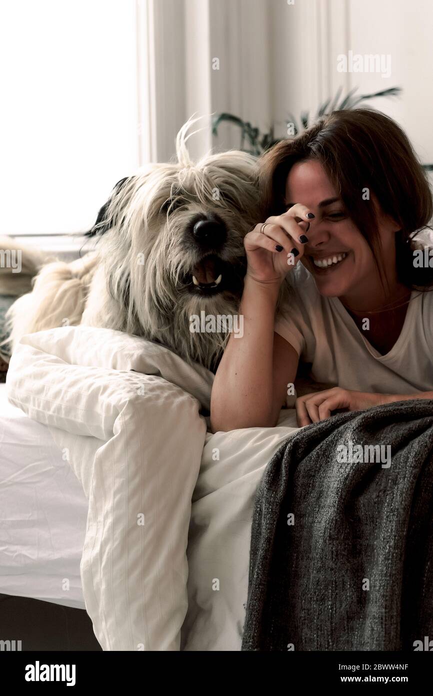 Riant femme mûre couché sur le lit jouant avec son chien Banque D'Images