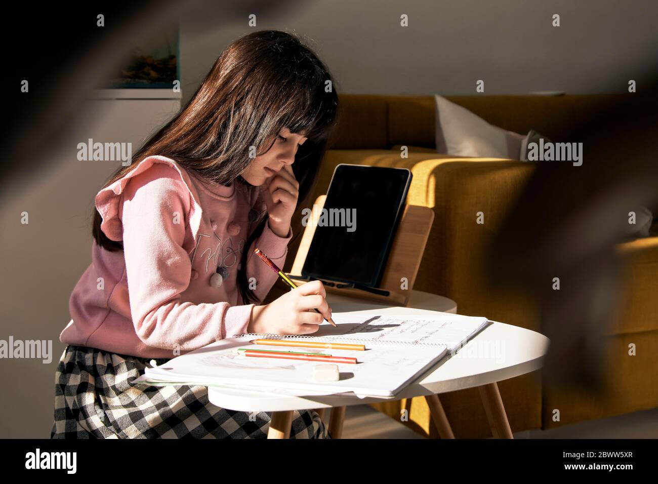 Fille faisant ses devoirs dans le salon Banque D'Images