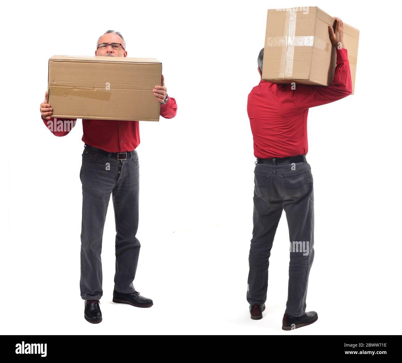 homme avec emballage avant et arrière sur fond blanc Banque D'Images