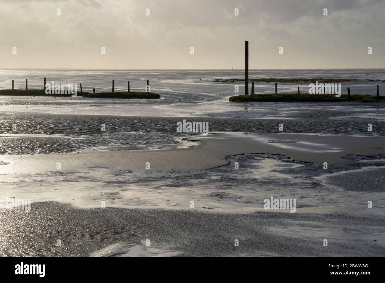 Allemagne, Schleswig-Holstein, Sankt Peter-Ording, plage côtière du Parc National de la Mer des Wadden au crépuscule Banque D'Images