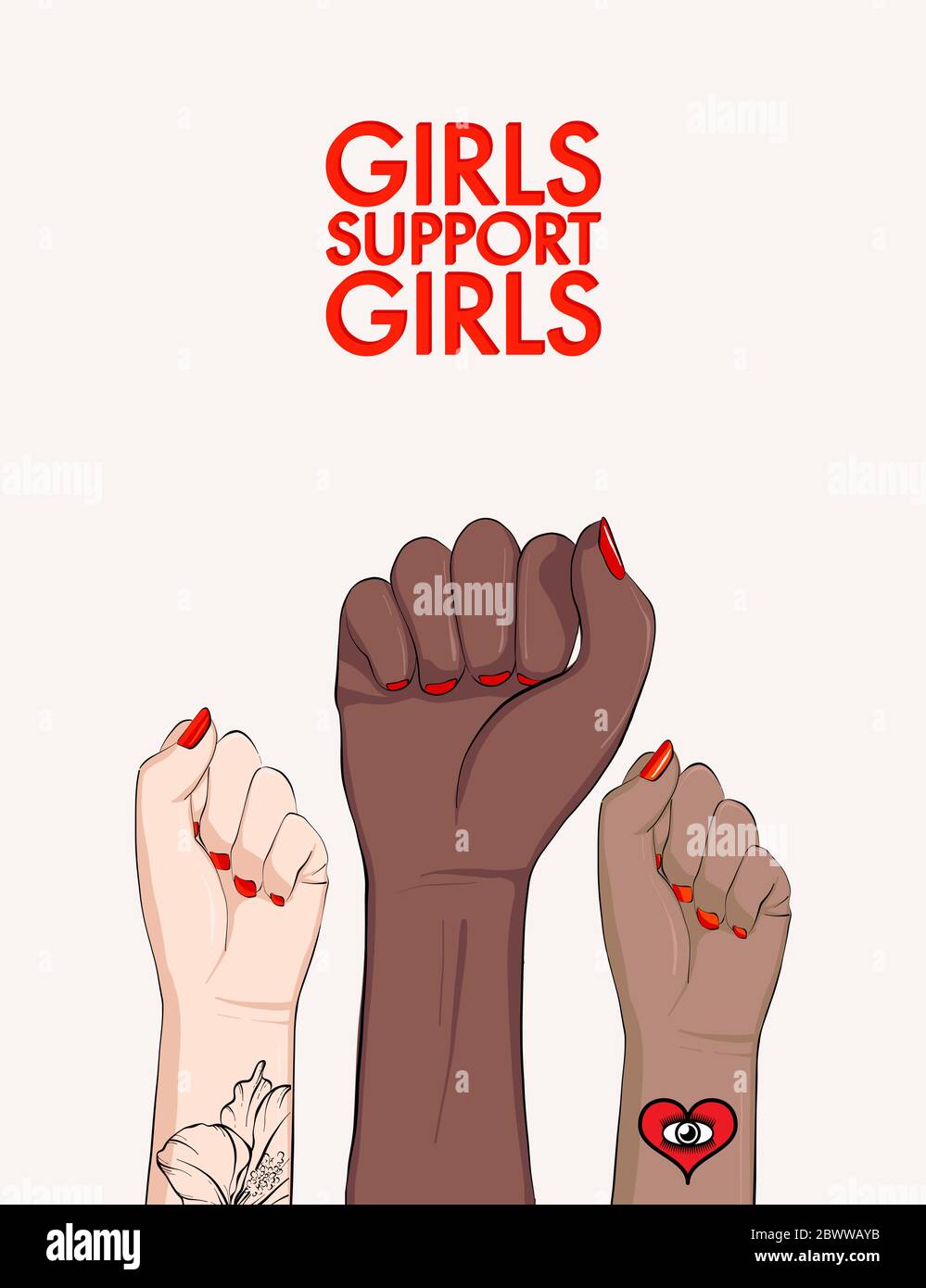 Les filles soutiennent les filles, femme bras divergent affiche d'égalité. Affiche de puissance féministe. Anti-discrimination, arrêter la presse sociale active raciste. Fille Power bann Illustration de Vecteur