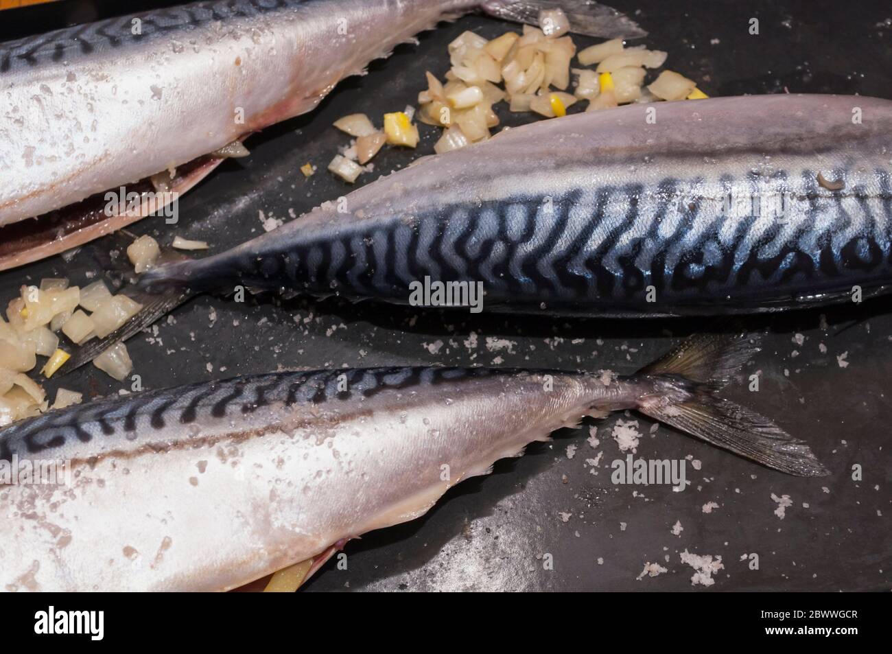 trois poissons maquereaux avec des tranches d'oignon avant le four sur fond noir Banque D'Images