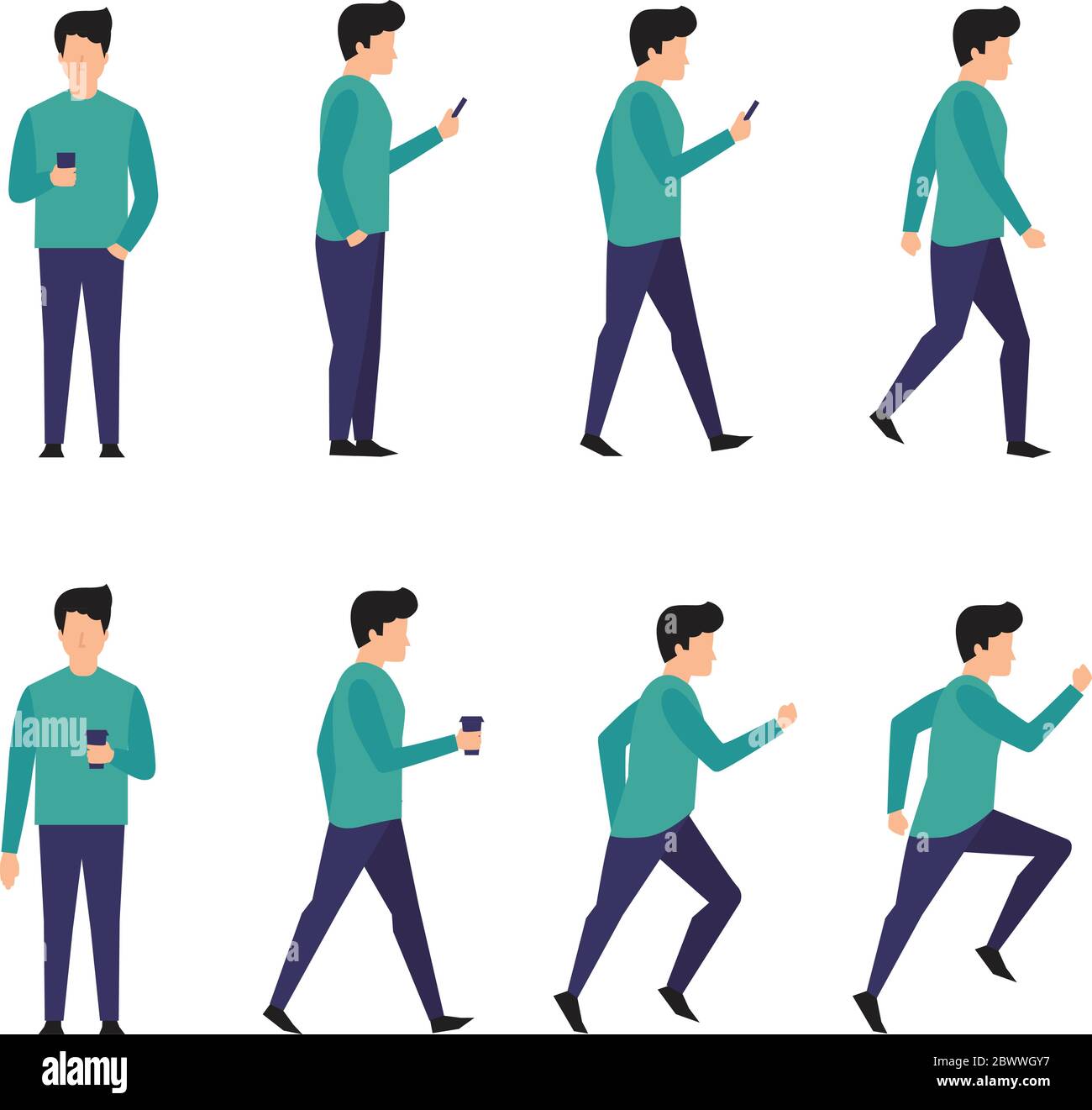 Personnage d'homme, différentes poses, homme d'affaires, illustration vectorielle de style plat. Caractère isolé sur fond blanc Illustration de Vecteur