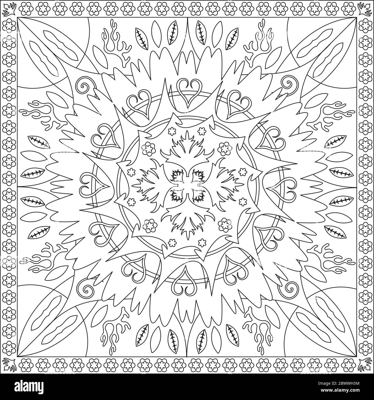 L'illustration de la page de coloriage en format carré - Mandala Fleur feuillage Star Design - Respirez profondément et détendez-vous et détendez-vous - Noir et Blanc Illustration de Vecteur