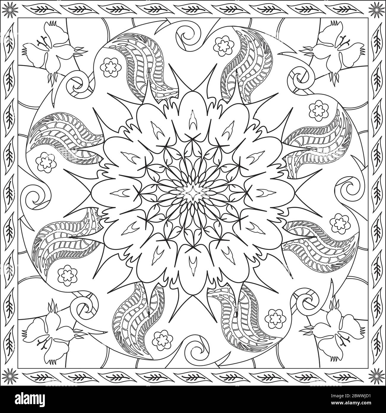 L'illustration de la page de coloriage en format carré - Mandala Fleur feuillage Star Design - Respirez profondément et détendez-vous et détendez-vous - Noir et Blanc Illustration de Vecteur