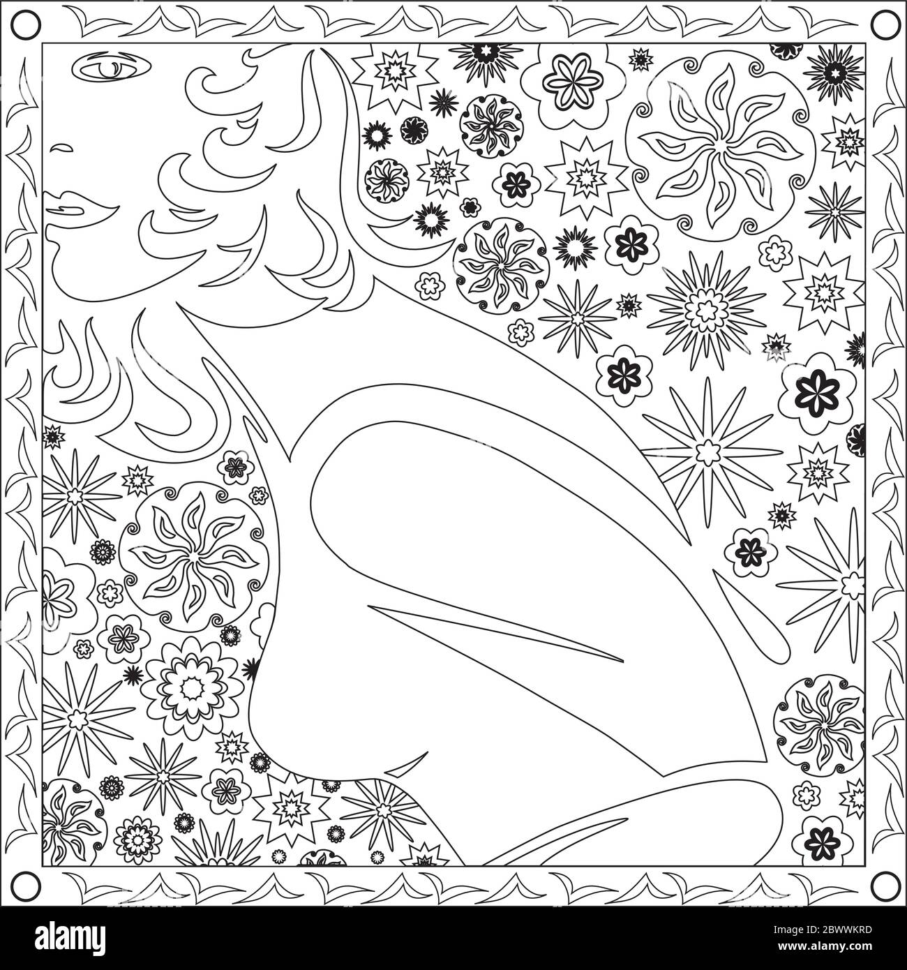 Illustration de la page de coloriage en format carré pour adultes, visage et corps de la conception de fille et de fleur Illustration de Vecteur