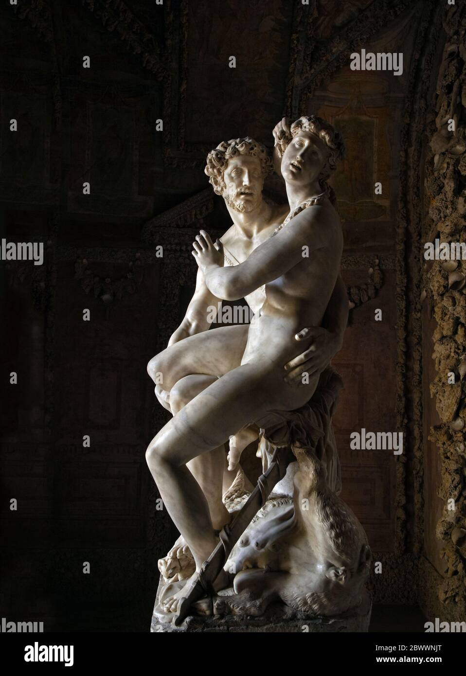 Italie, Florence. Jardins Boboli, grotte de Buontalenti (également connue sous le nom de Grotta Grande ou Grande Grotto), 1583-1593. Détail de la deuxième chambre avec racc Banque D'Images