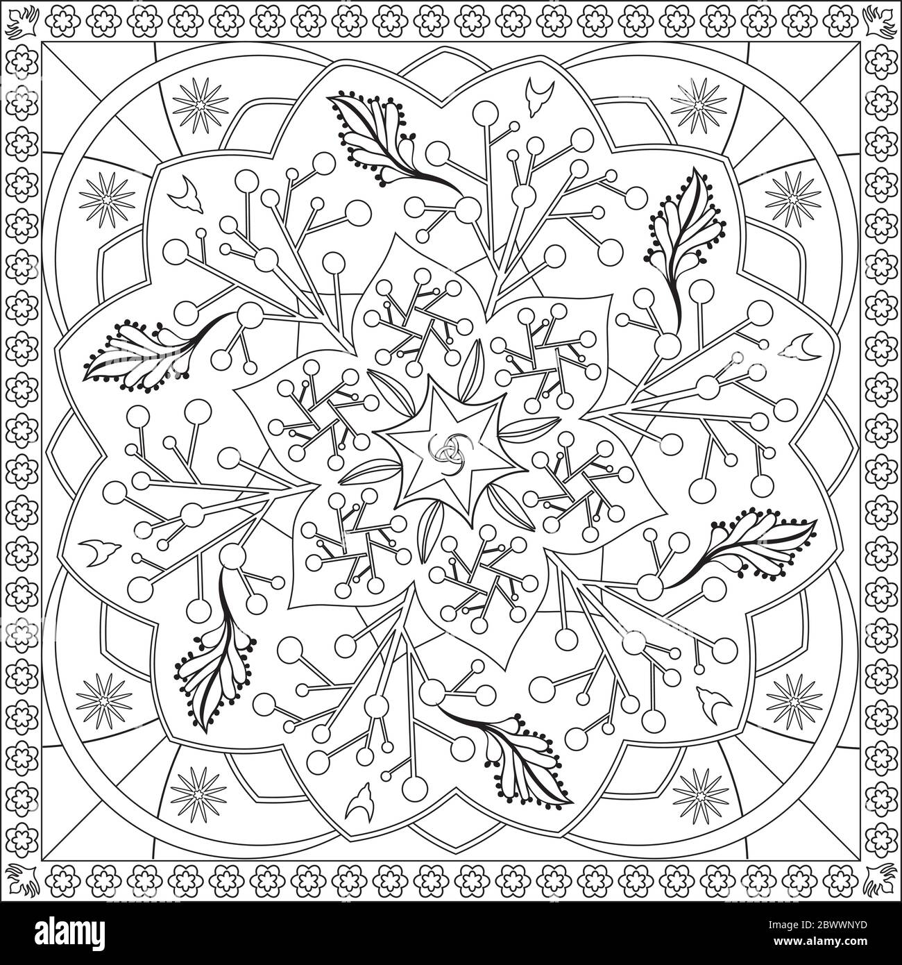 L'illustration de la page de coloriage en format carré - Mandala Fleur feuillage Star Design - Respirez profondément et détendez-vous et détendez-vous - Noir et Blanc Illustration de Vecteur