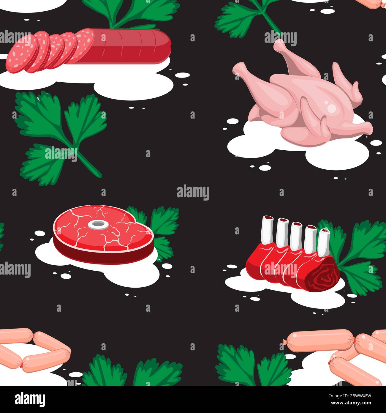 motif sans couture de viande poulet saucisse steak côtes sur fond noir. Image vectorielle Illustration de Vecteur