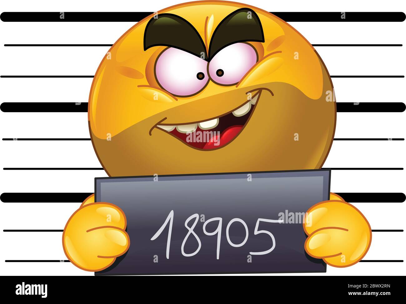 Arrêté émoticone avec échelle de mesure dans le dos tenant son numéro posant pour un crime mug coup Illustration de Vecteur