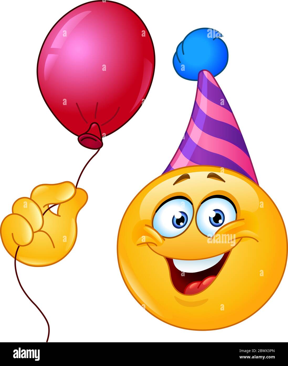 Émoticone d'anniversaire avec chapeau de fête tenant un ballon Image  Vectorielle Stock - Alamy