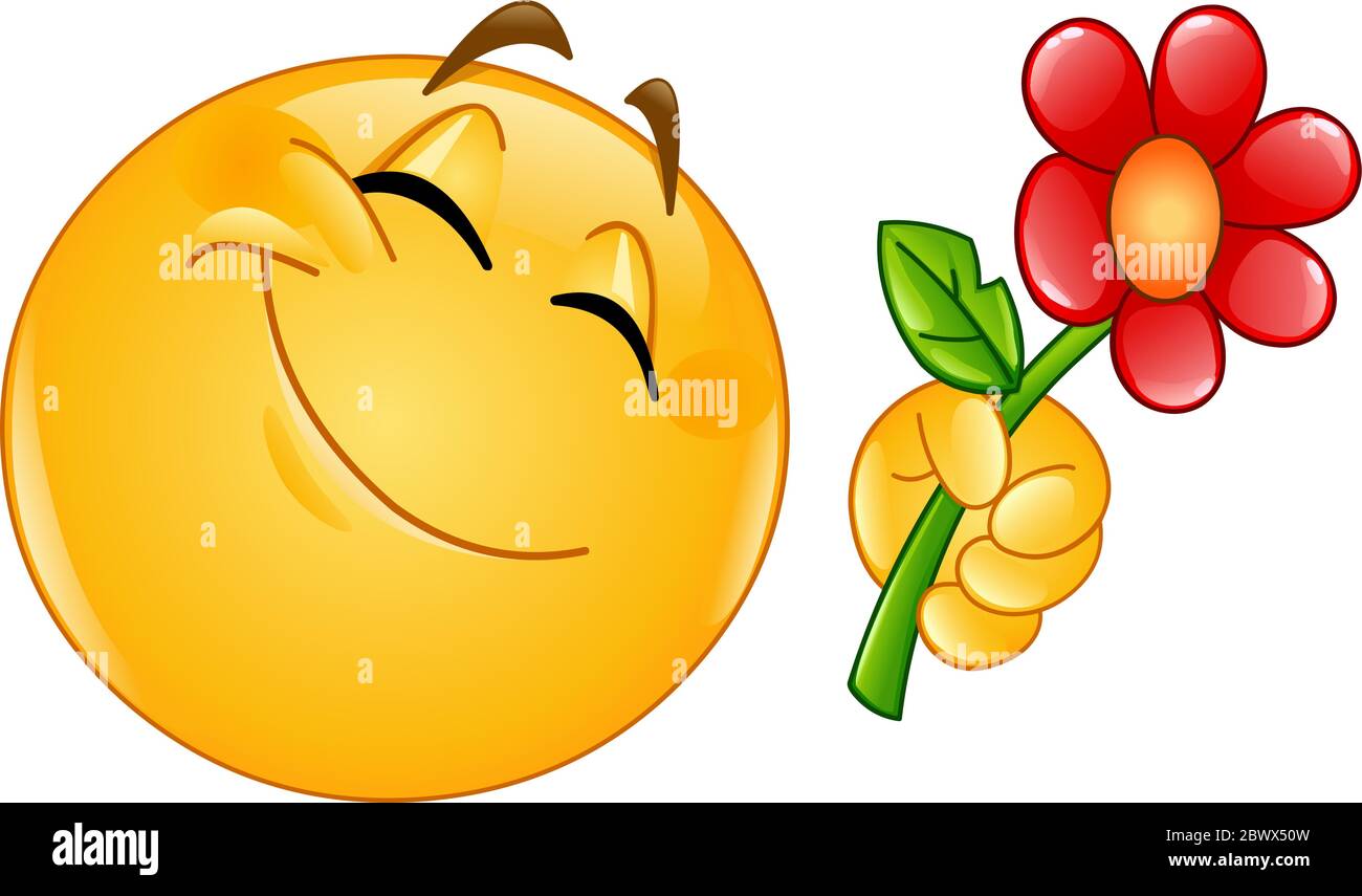 Émoticone heureux donnant une fleur Illustration de Vecteur