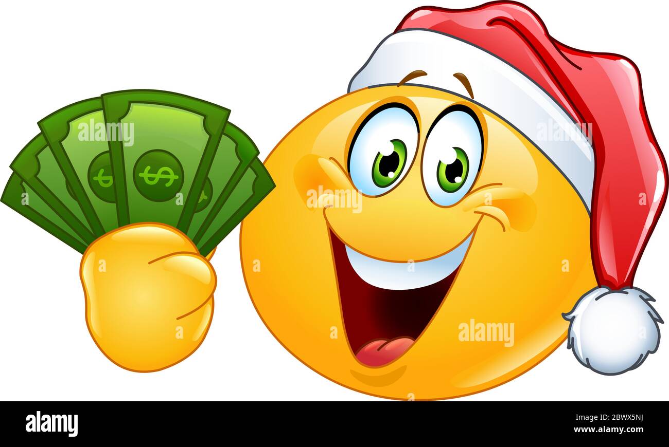 Émoticone porter chapeau de père Noël et de tenir des billets de dollars Illustration de Vecteur