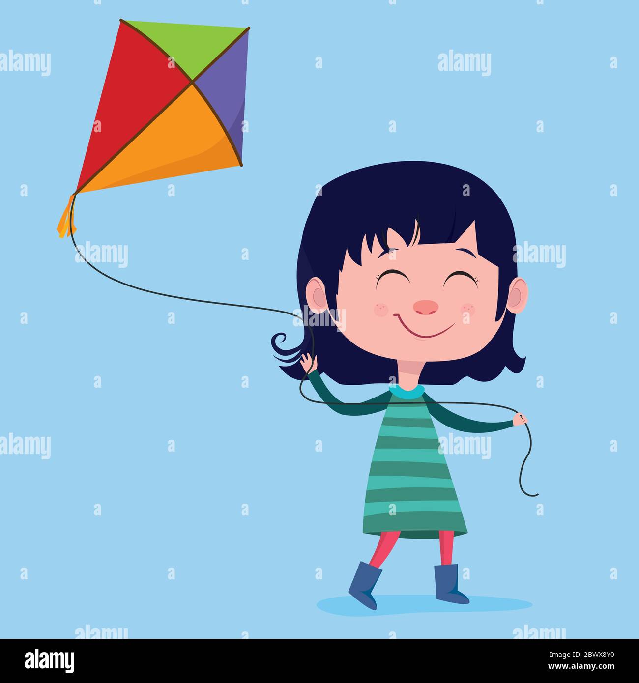 Petite fille heureuse avec un cerf-volant. Illustration vectorielle. Illustration de Vecteur