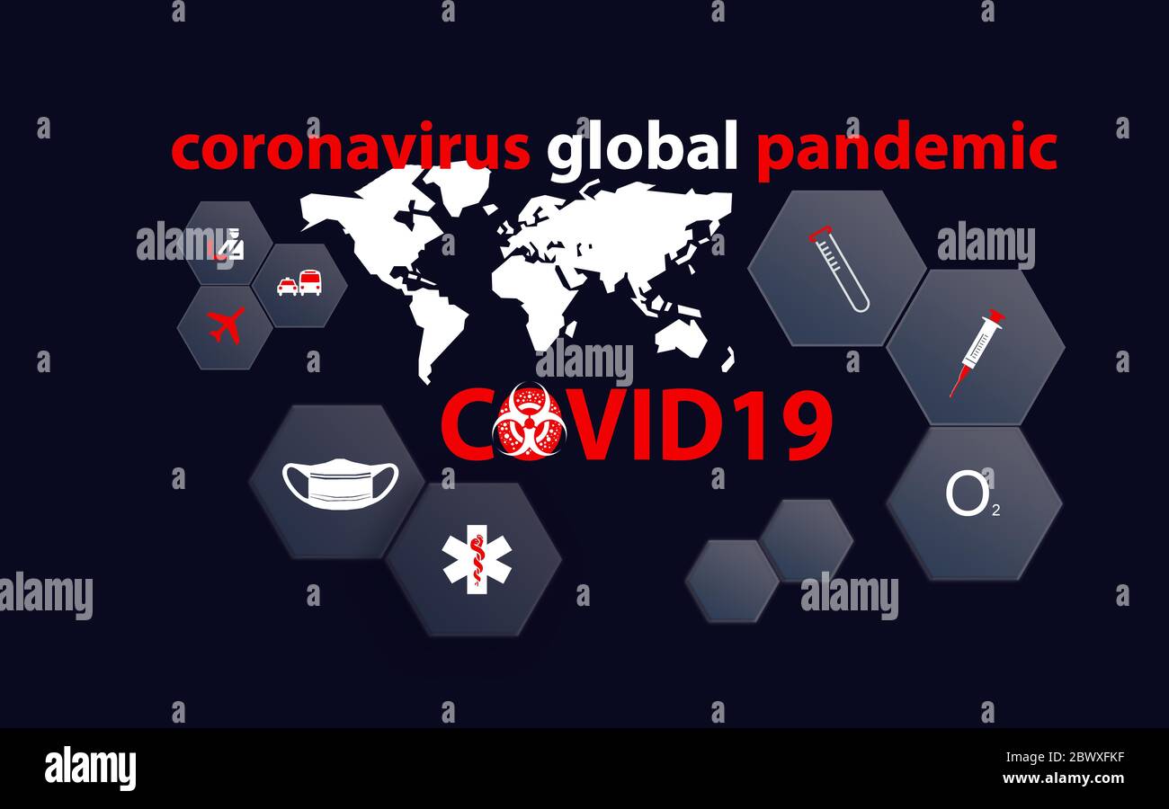 Illustration de la pandémie mondiale du coronavirus COVID 19 avec icônes médicales, icônes de restrictions de voyage et carte du monde. Banque D'Images