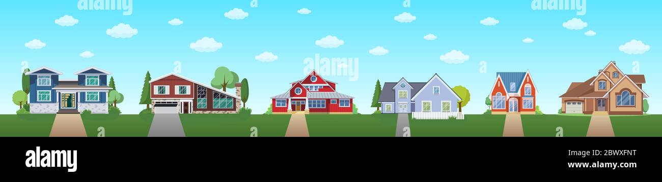 Maison de campagne moderne avec ciel bleu et nuages. Immobilier ssite bannière concept. Illustration du vecteur plat Illustration de Vecteur