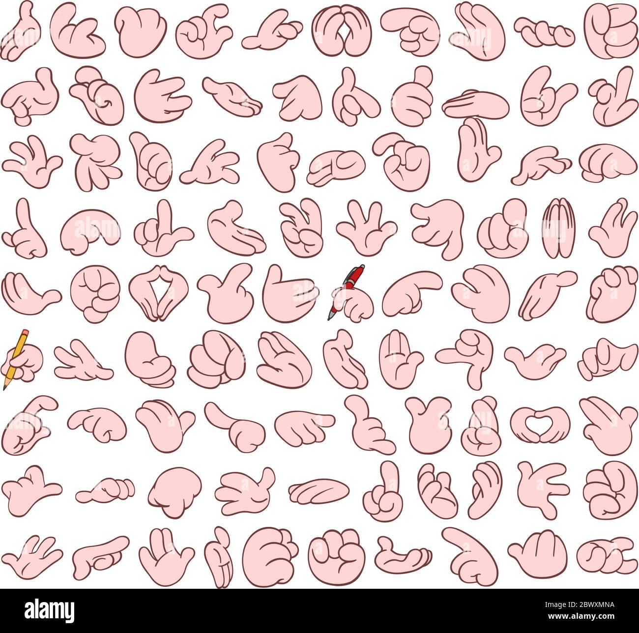 Grand jeu de mains de dessin animé dans divers gestes. Boîte numéro 2. Illustration de Vecteur