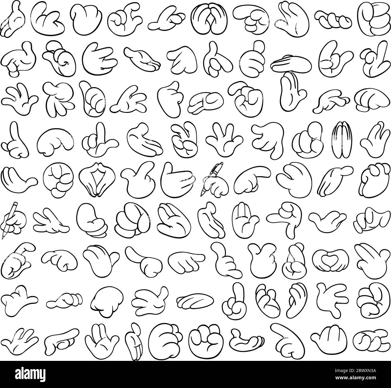 Jeu de grandes lignes d'art de mains de dessin animé dans divers gestes. Boîte numéro 2 Illustration de Vecteur