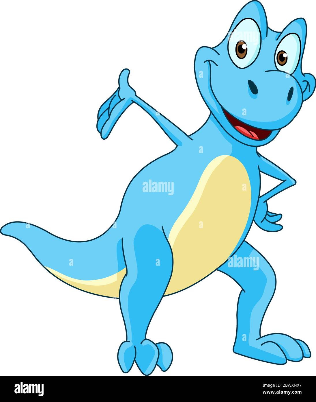 Dinosaure bleu souriant se présentant avec sa main Illustration de Vecteur