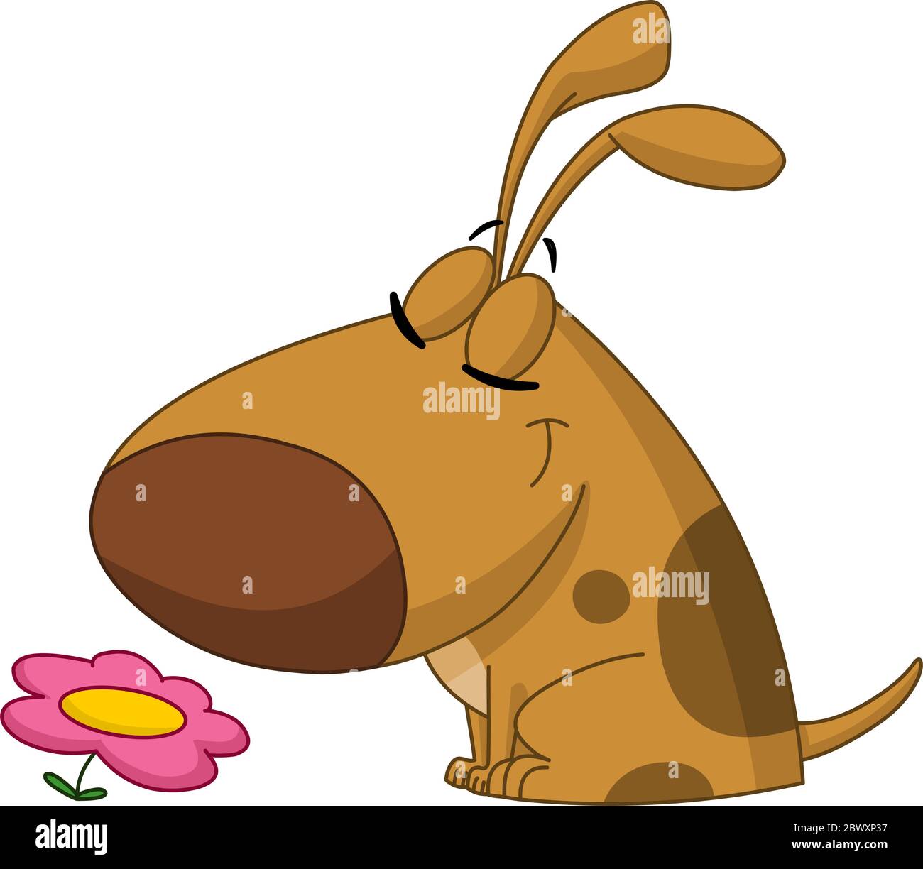 Chien de dessin animé sentant une fleur Illustration de Vecteur