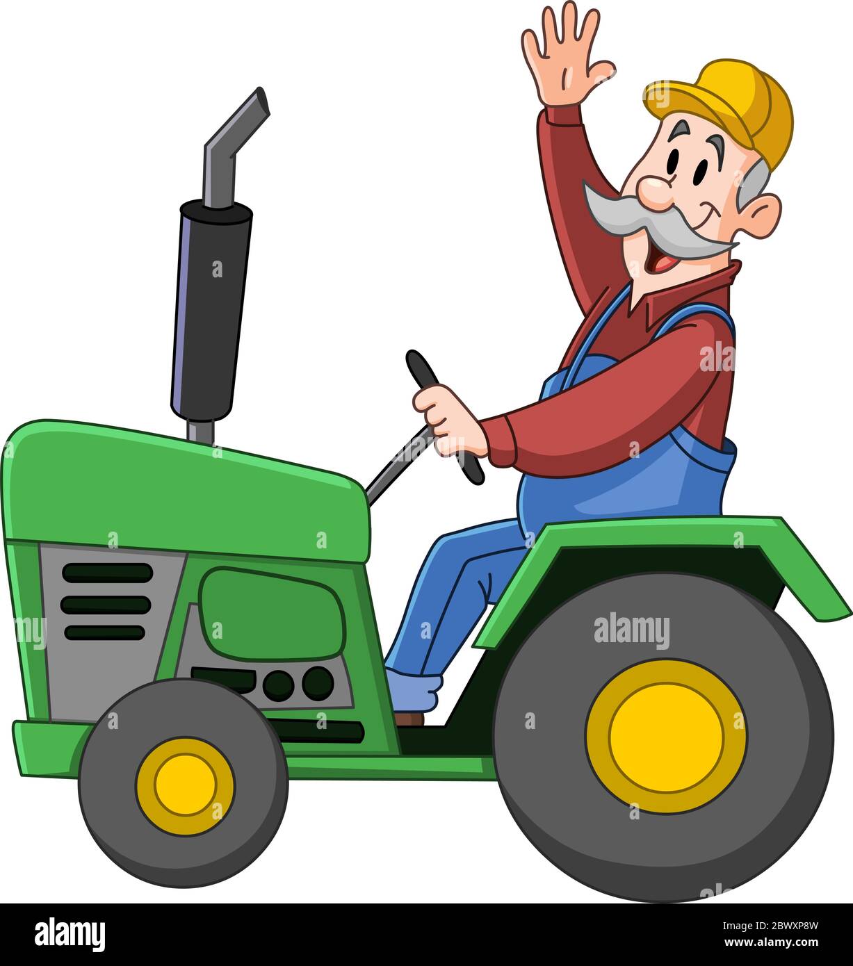 Un fermier souriant conduit un tracteur et agite Illustration de Vecteur